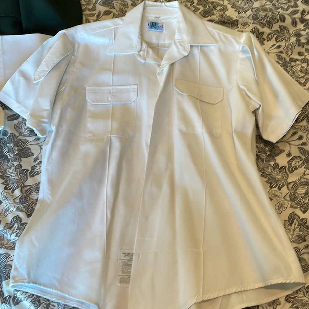 Two like new white US Army issue short sleeve type one shirts
